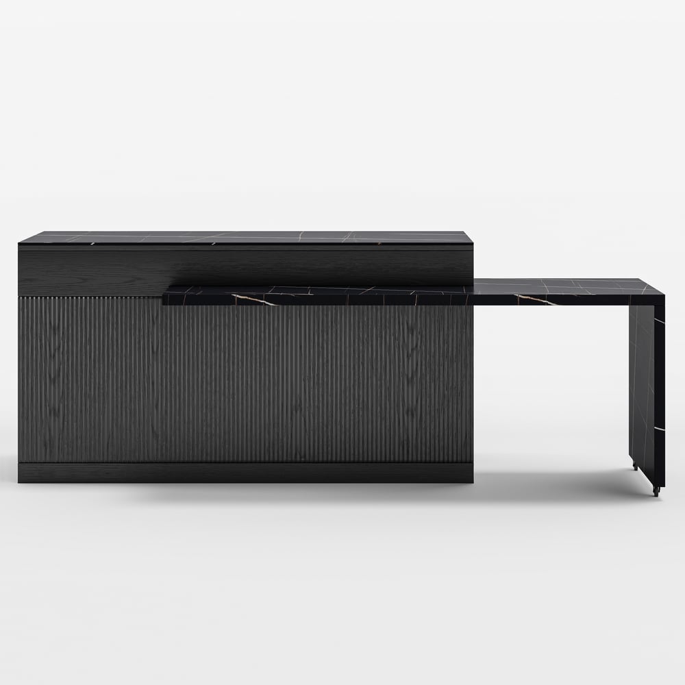 Îlot de cuisine noir extensible de 2050 mm à 2680 mm avec portes et tiroirs, dessus à motif marbré image de fenêtre