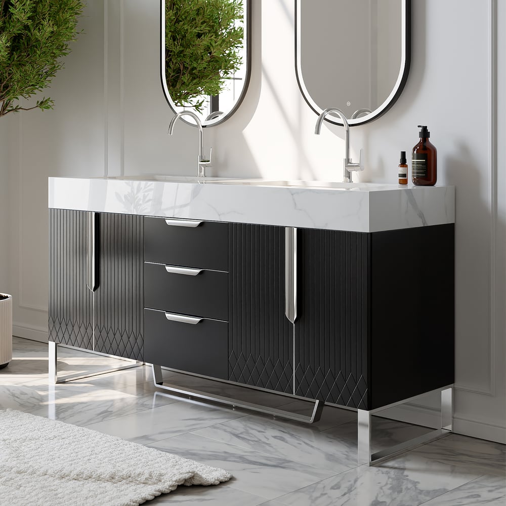 Aro 59" Black Double Sink Freestanding Bathroom Vanity Drawers & Doors Faux Marble Top window image