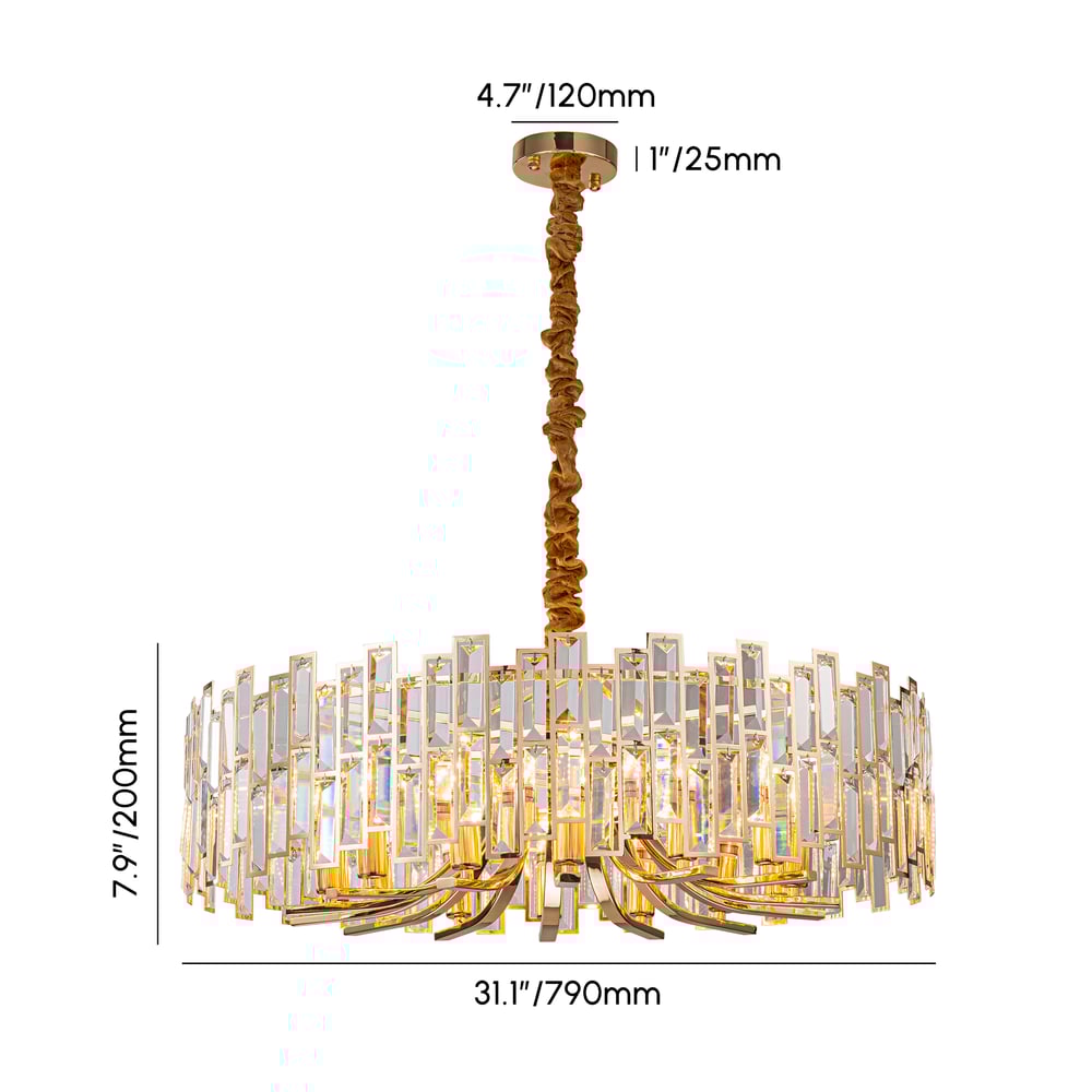Lustre géométrique moderne Clytia en cristal à 14 lumières avec chaîne ajustable en or Poids, dimensions, image