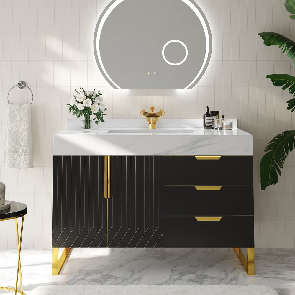 Aro 35" Black Freestanding Single Sink Bathroom Vanity Drawers Doors Faux Marble Top window image