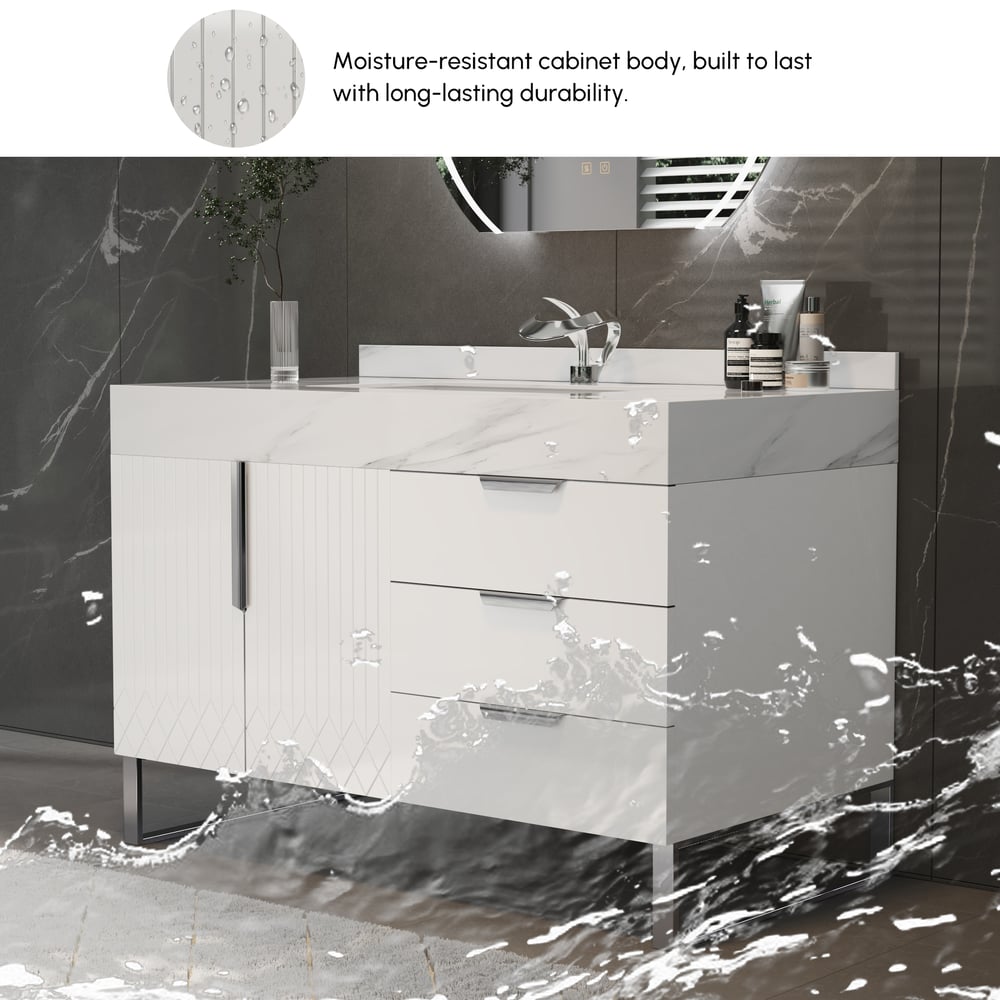 Aro 35" White Freestanding Single Sink Bathroom Vanity Drawers Doors Faux Marble Top window image