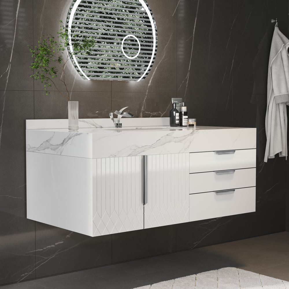 Set di mobili da bagno serie Aro 900 mm Mobile da bagno galleggiante in pietra bianca con lavandino Immagine della finestra
