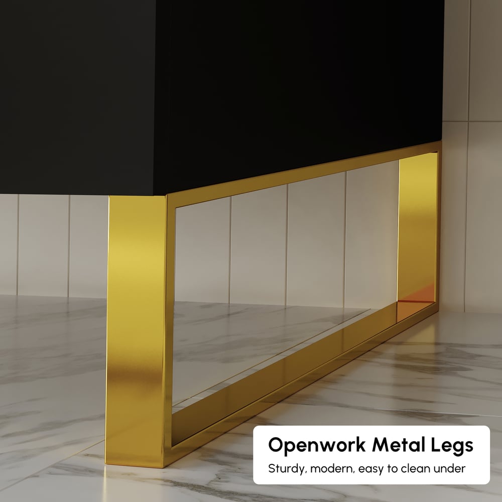 Aro 35" Black Freestanding Single Sink Bathroom Vanity Drawers Doors Faux Marble Top window image