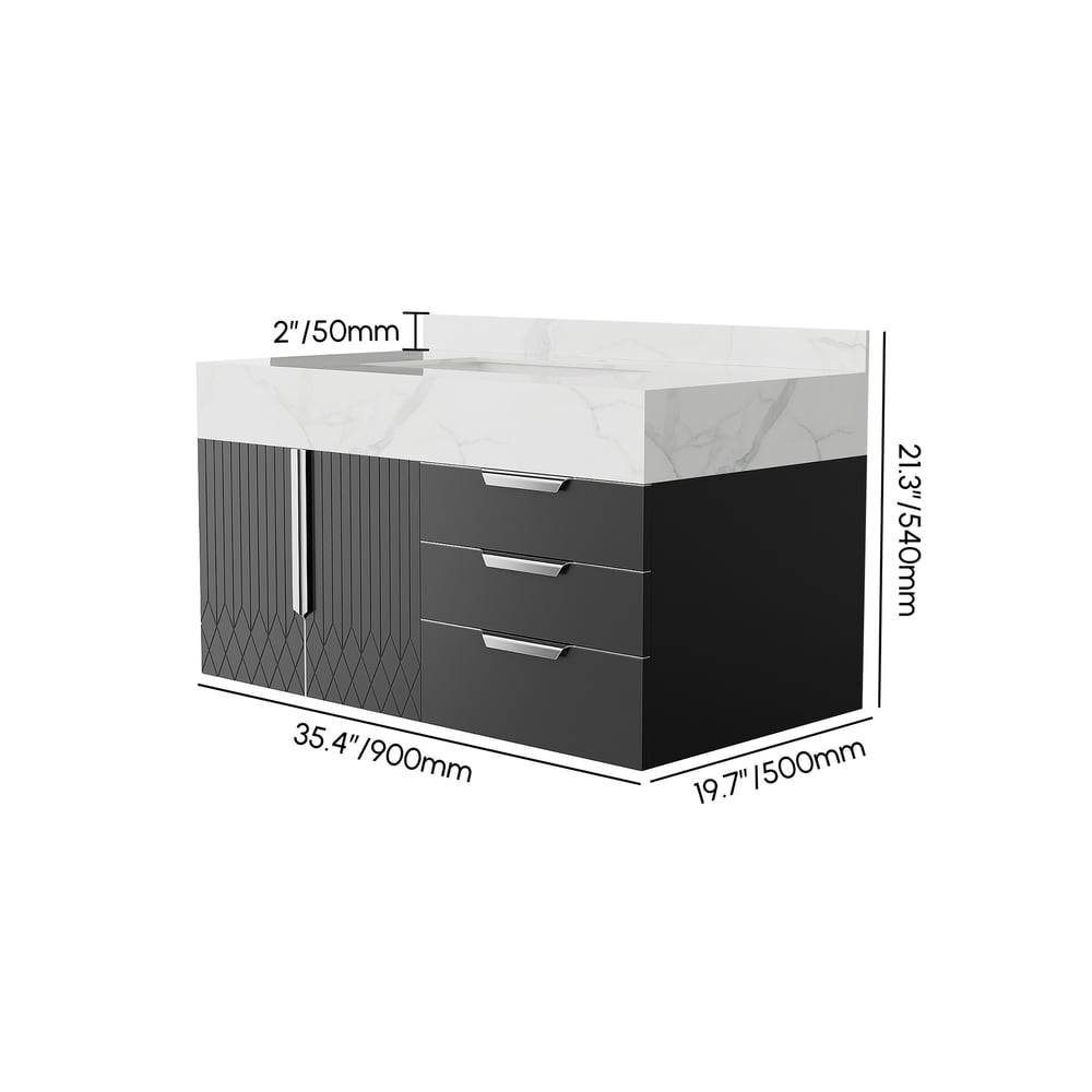 Gavetas de banheiro Aro 900 mm pretas montadas na parede com tampo de mármore sintético Imagem com pesos e dimensões