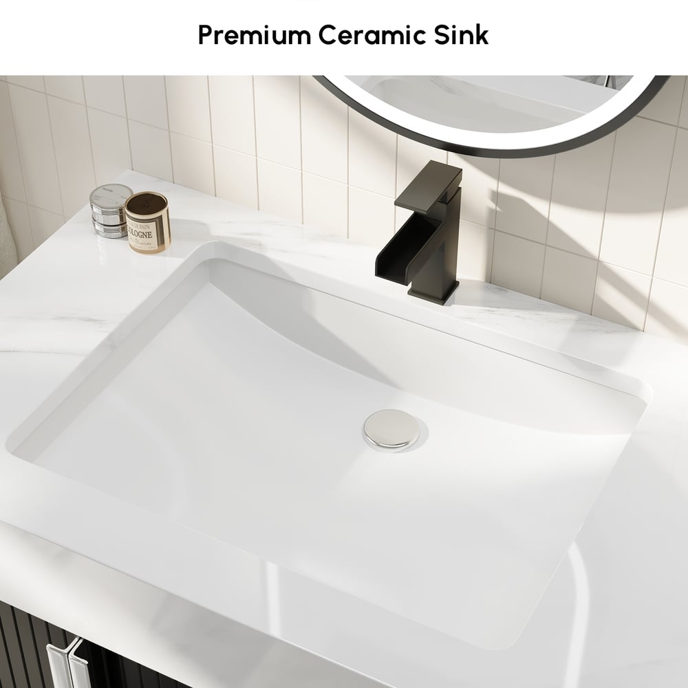 Aro Series Bathroom Vanity Set 59" Floating Faux Marble Bathroom Vanity Black with Sink window image