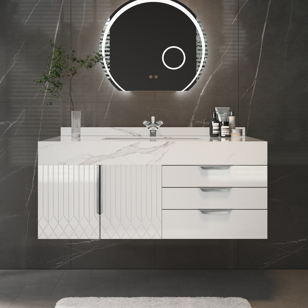 Set di mobili da bagno serie Aro 900 mm Mobile da bagno galleggiante in pietra bianca con lavandino Immagine della finestra