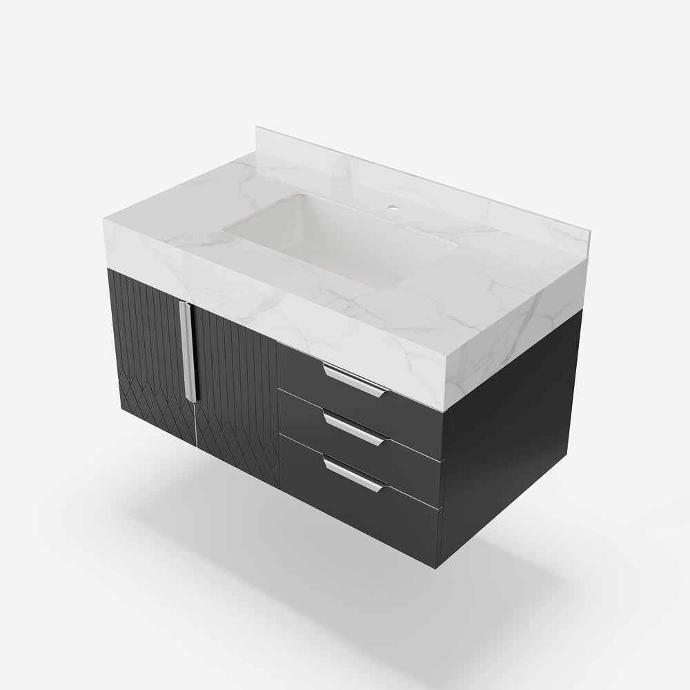 Gavetas de banheiro Aro 900 mm pretas montadas na parede com tampo de mármore sintético Imagem da janela