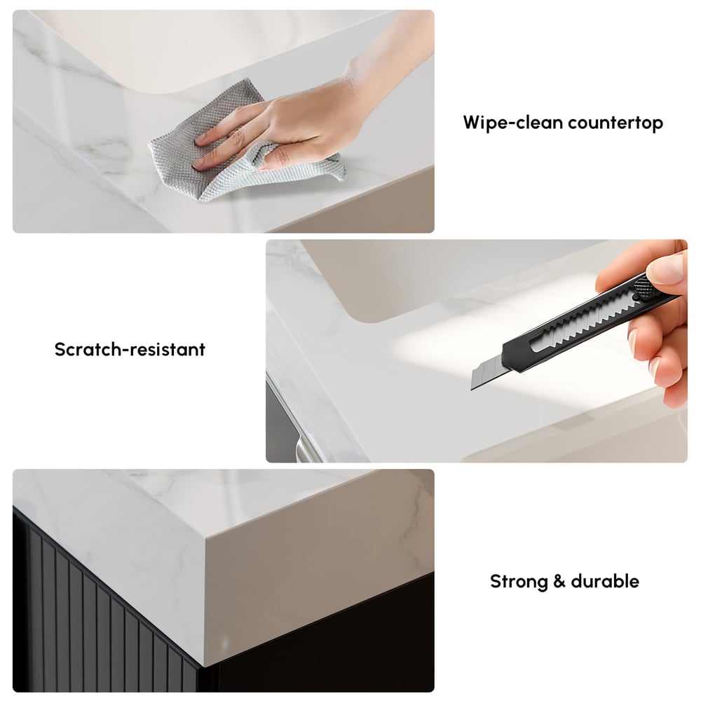 Aro 59" Black Double Sink Freestanding Bathroom Vanity Drawers & Doors Faux Marble Top window image