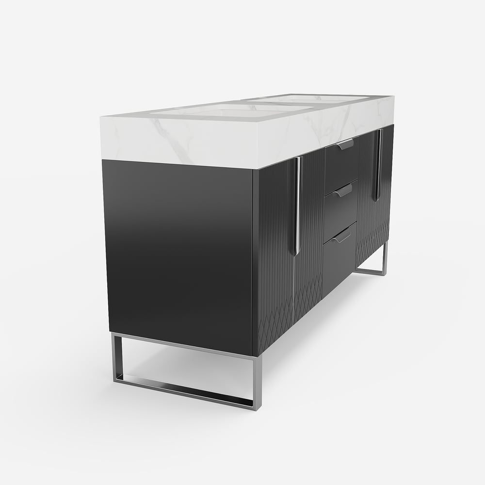 Aro 59" Black Double Sink Freestanding Bathroom Vanity Drawers & Doors Faux Marble Top window image