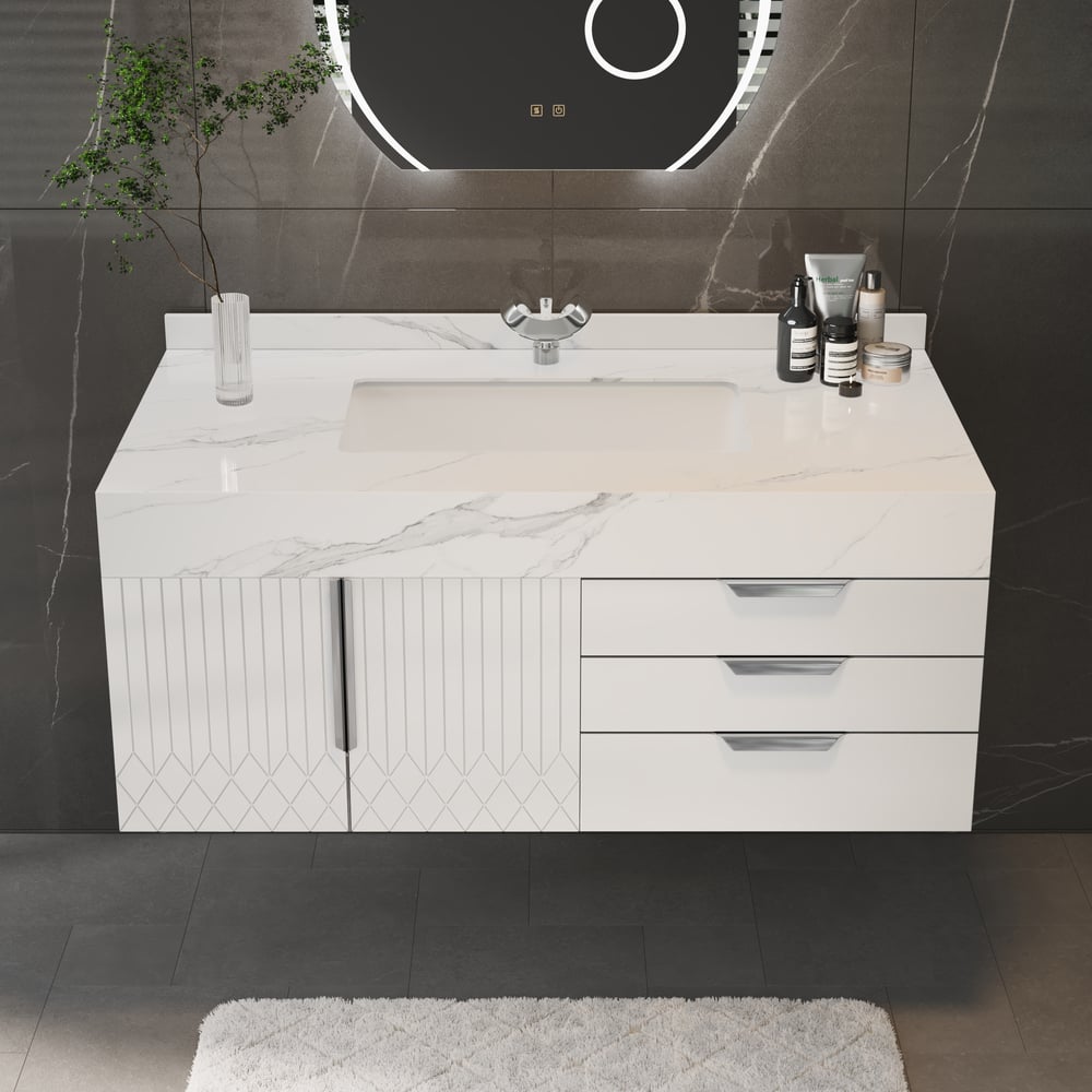 Set di mobili da bagno serie Aro 900 mm Mobile da bagno galleggiante in pietra bianca con lavandino Immagine della finestra