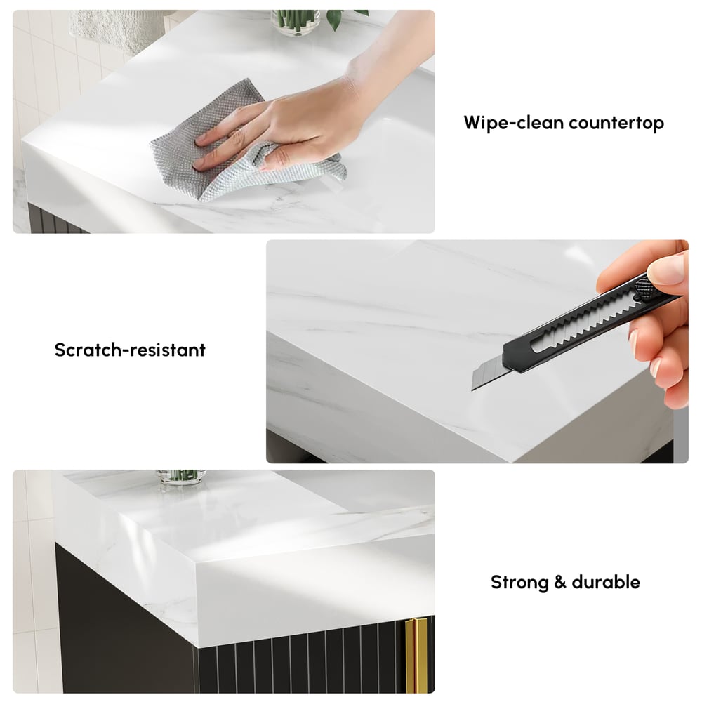 Aro 35" Black Freestanding Single Sink Bathroom Vanity Drawers Doors Faux Marble Top window image