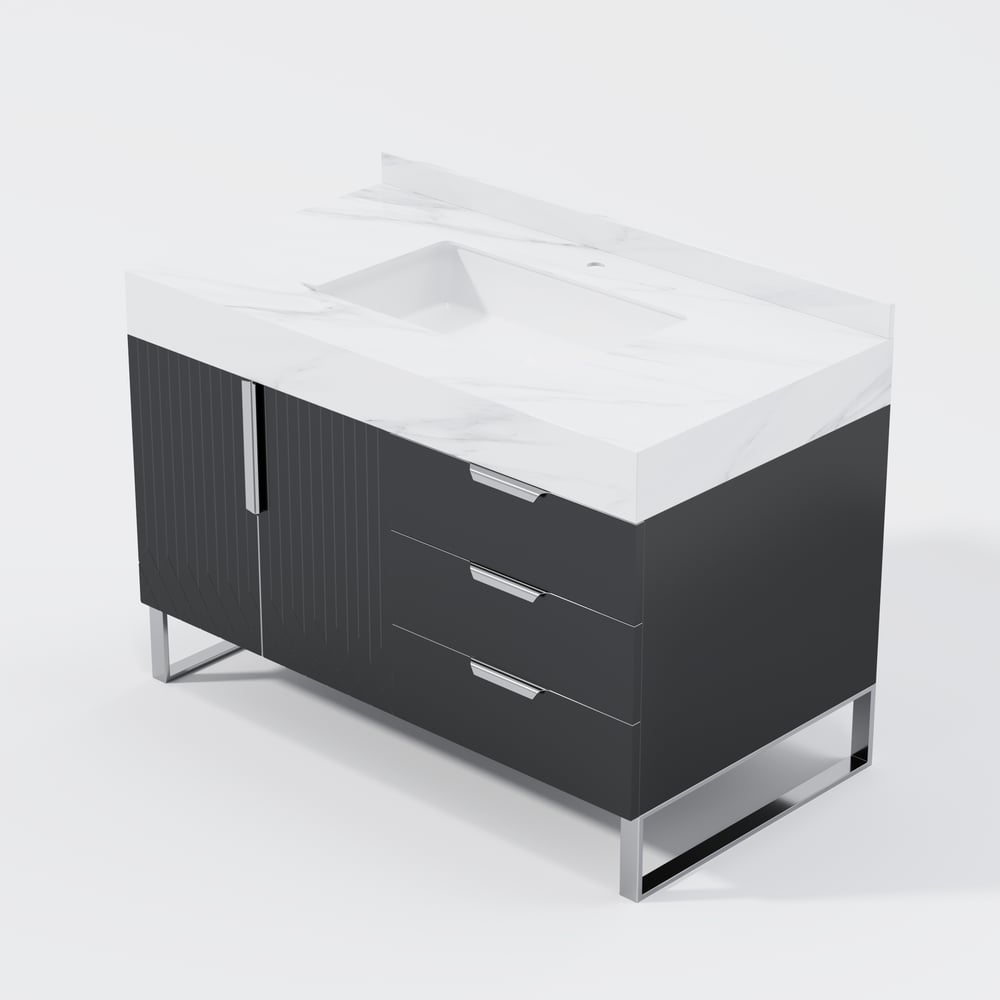 Aro 900mm Czarna wolnostojąca ceramiczna umywalka łazienkowa Szuflady łazienkowe ze sztucznego marmuru obraz okna