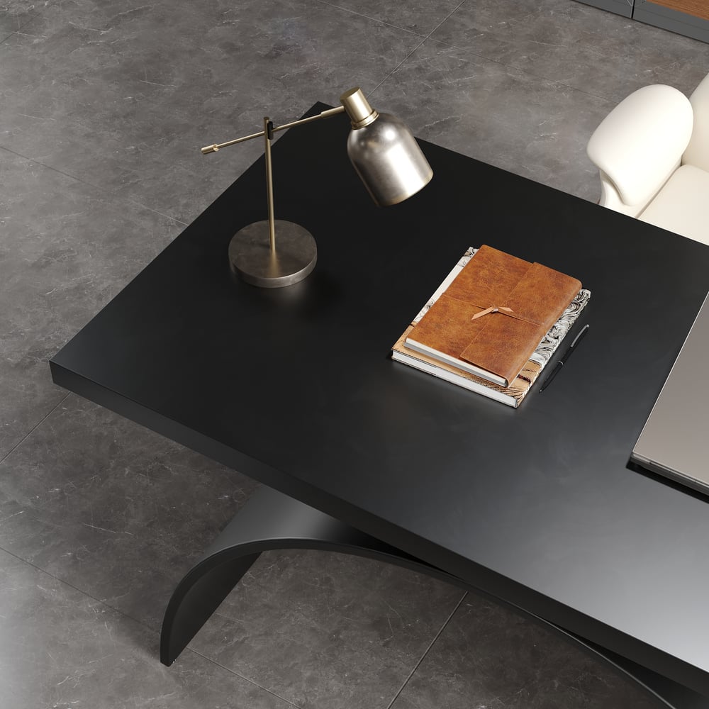 Scrivania da ufficio rettangolare in legno nero industriale con base in metallo (1600 mm) Immagine della finestra