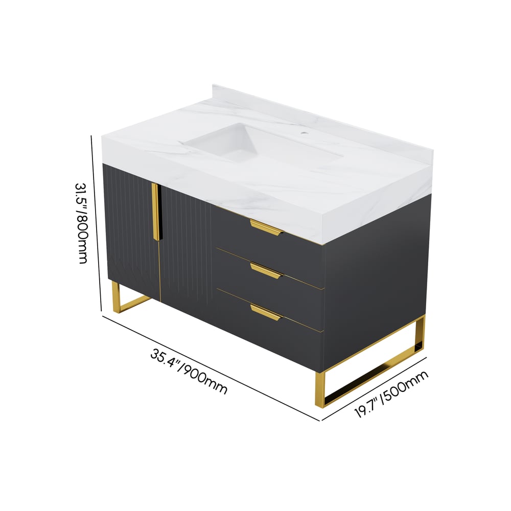 Aro 35" Black Freestanding Single Sink Bathroom Vanity Drawers Doors Faux Marble Top weights dimensions image