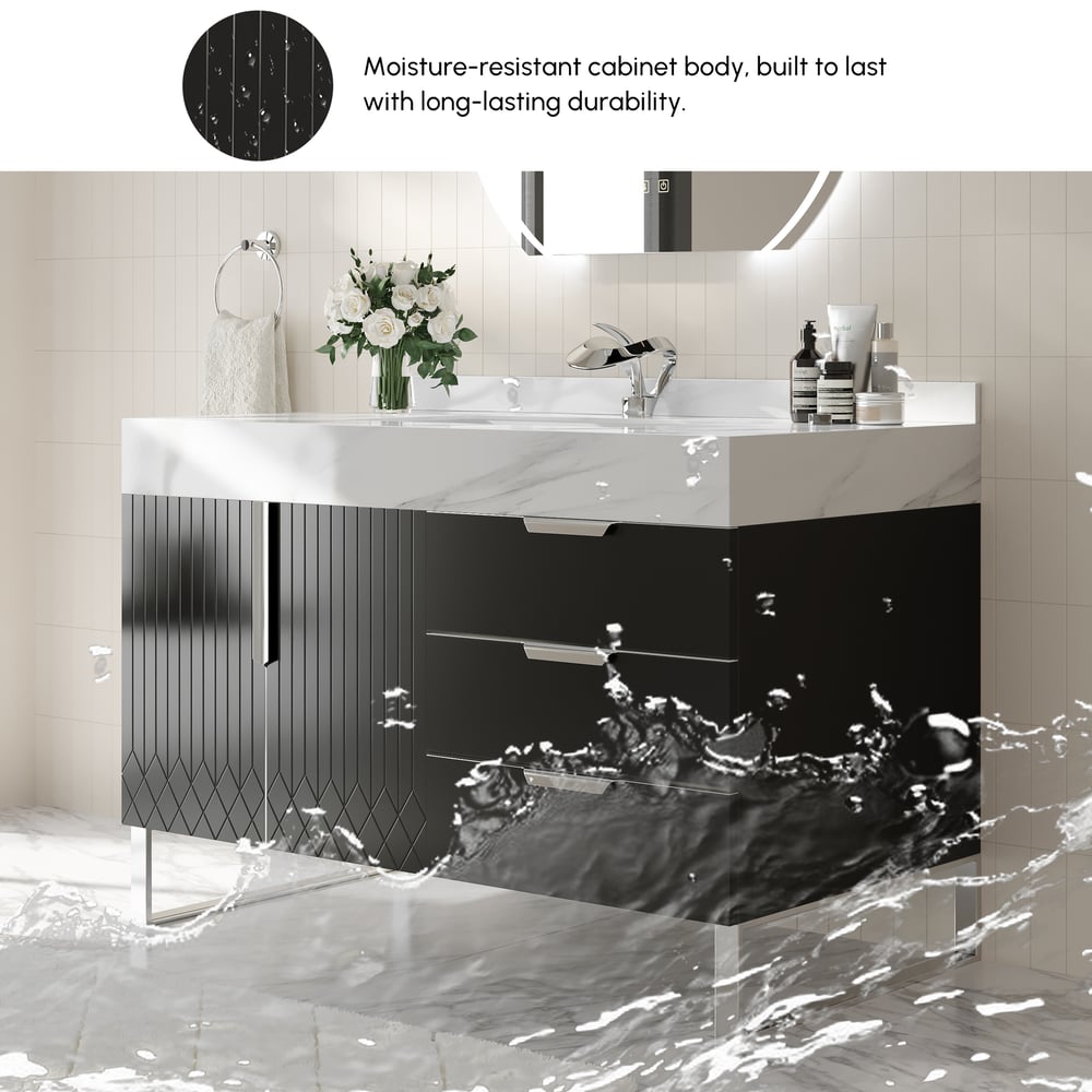 Aro 900mm Czarna wolnostojąca ceramiczna umywalka łazienkowa Szuflady łazienkowe ze sztucznego marmuru obraz okna