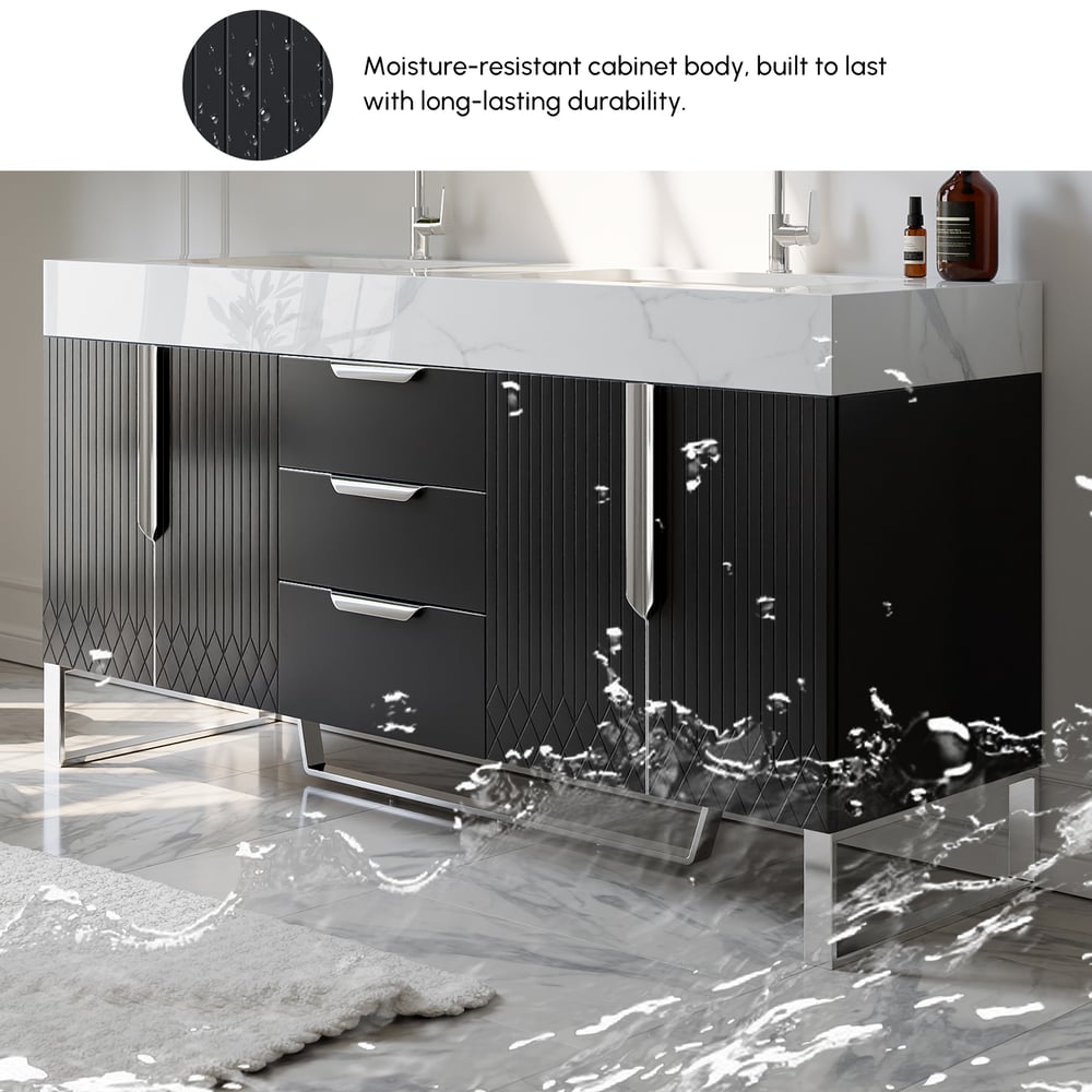 Aro 59" Black Double Sink Freestanding Bathroom Vanity Drawers & Doors Faux Marble Top window image