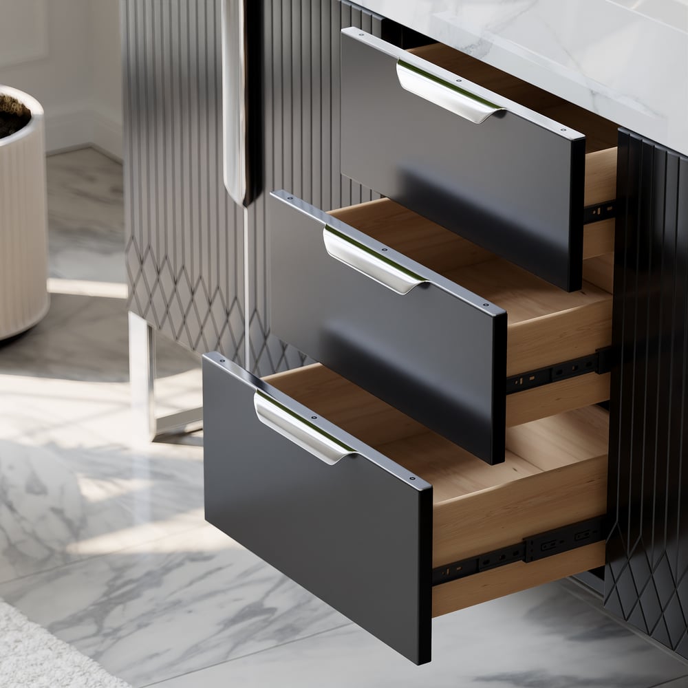 Aro 59" Black Double Sink Freestanding Bathroom Vanity Drawers & Doors Faux Marble Top window image