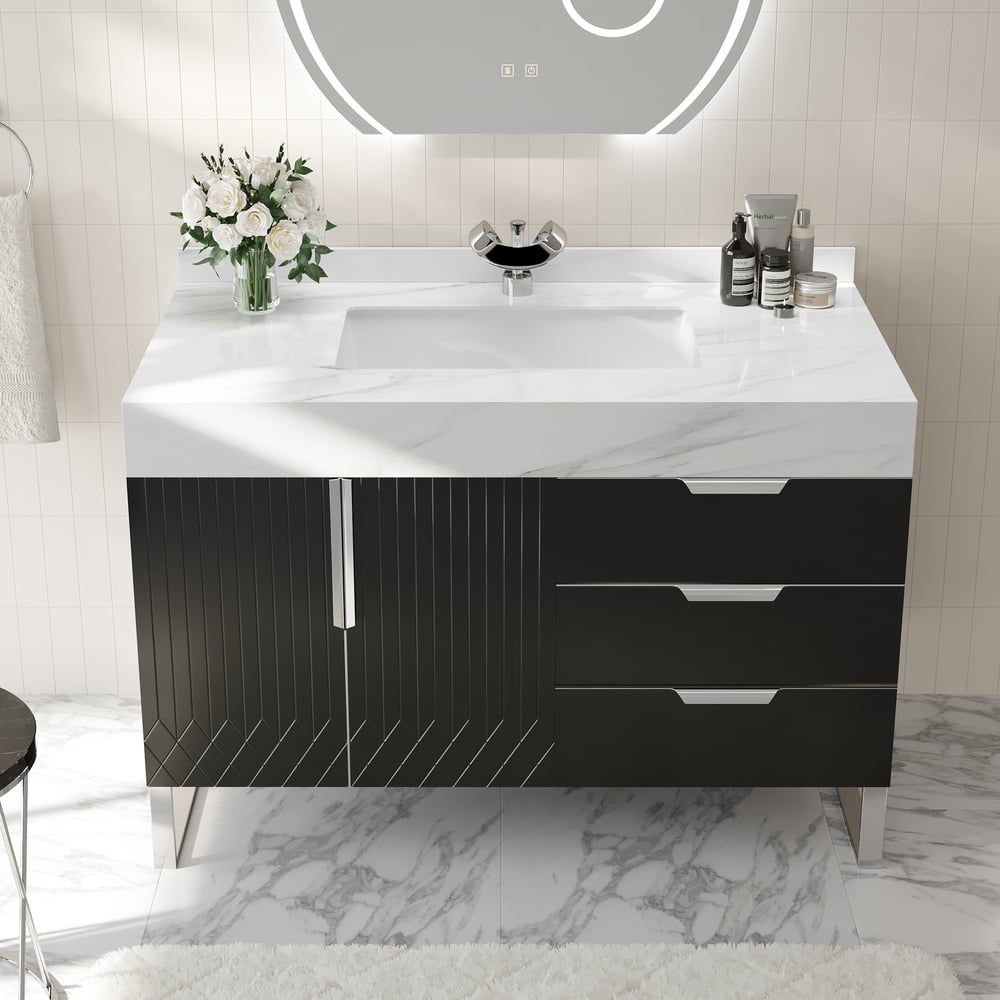 Aro 900mm Czarna wolnostojąca ceramiczna umywalka łazienkowa Szuflady łazienkowe ze sztucznego marmuru obraz okna