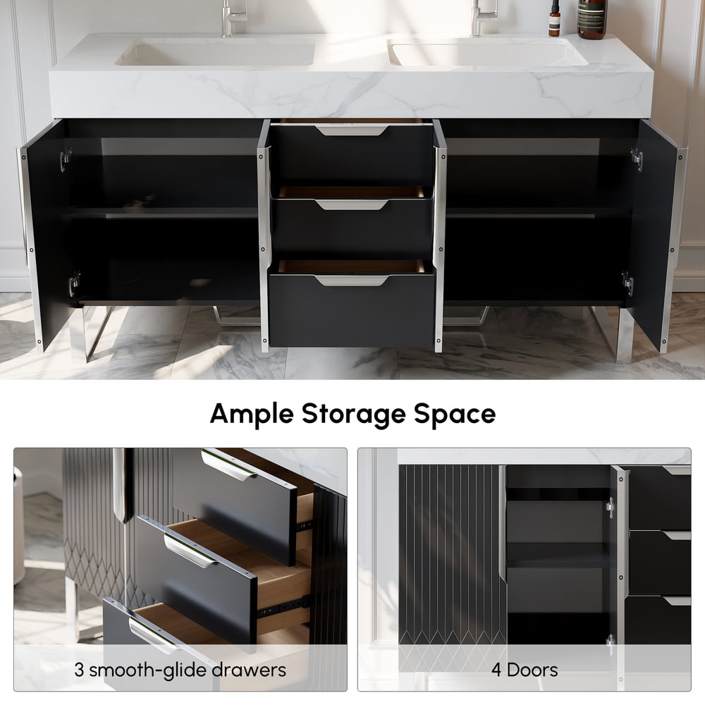 Aro 59" Black Double Sink Freestanding Bathroom Vanity Drawers & Doors Faux Marble Top window image