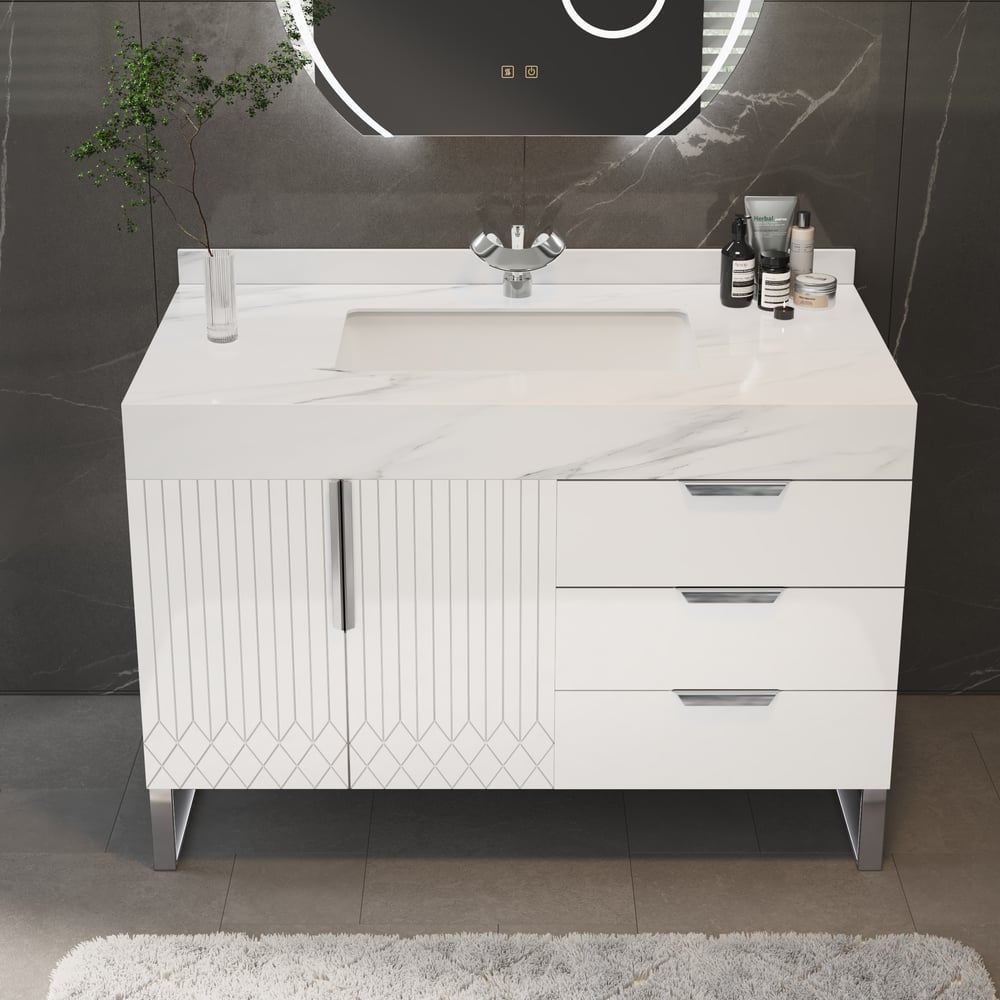 Aro 35" White Freestanding Single Sink Bathroom Vanity Drawers Doors Faux Marble Top window image