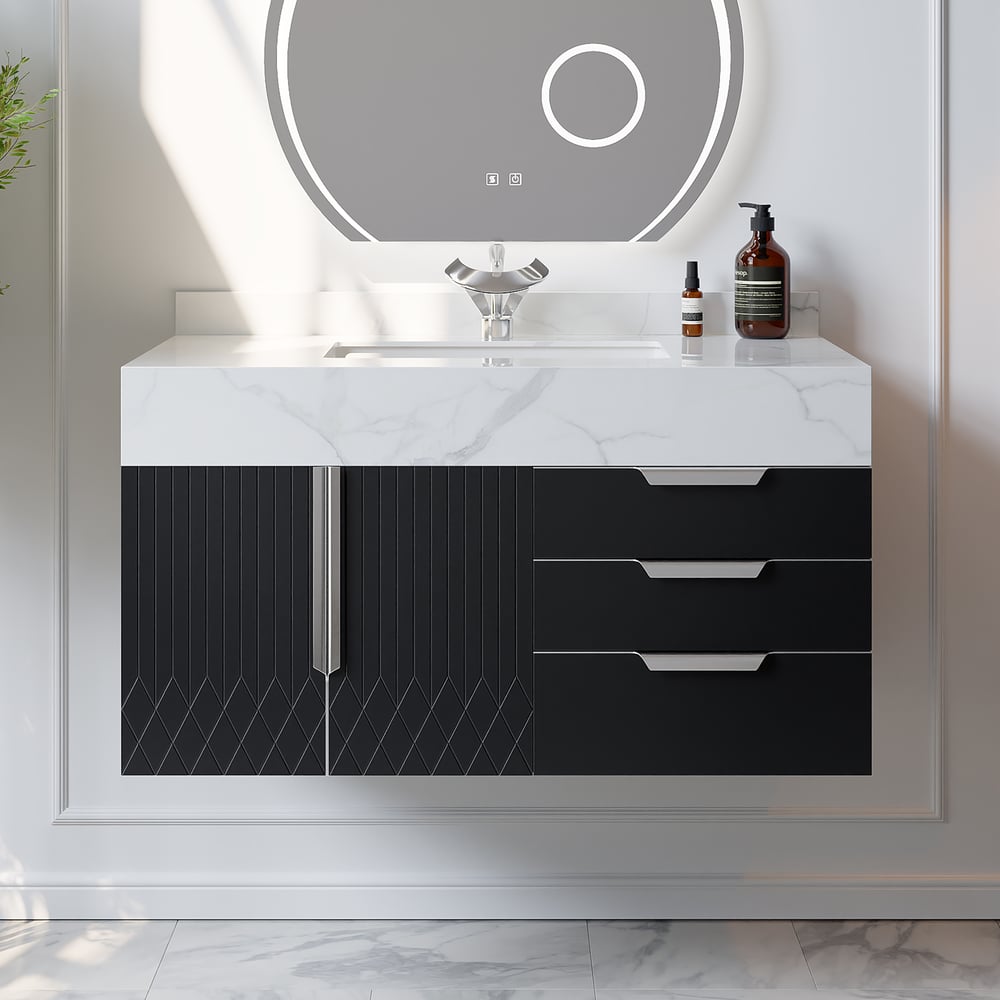 Gavetas de banheiro Aro 900 mm pretas montadas na parede com tampo de mármore sintético Imagem da janela