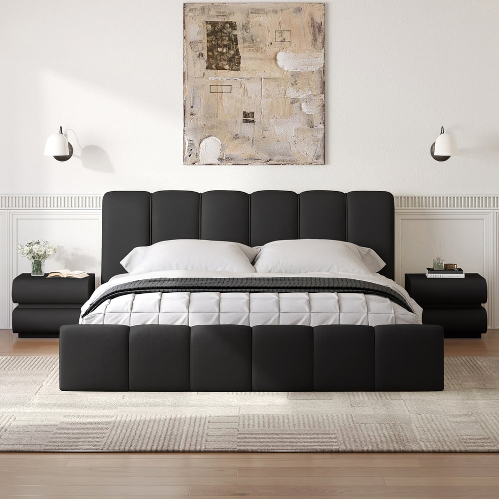 Humply Modern Black Leather Smart Nightstand with Wireless Charger Drawers Set of 2 window image