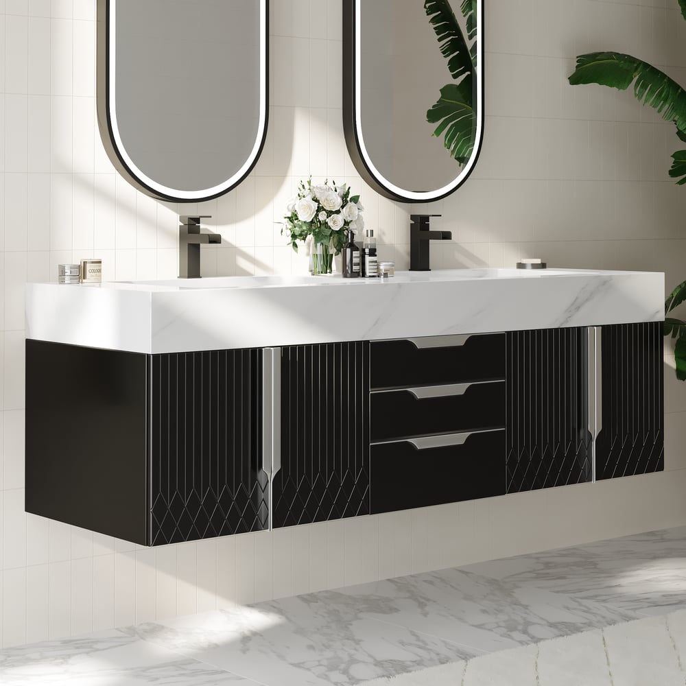 Aro Series Bathroom Vanity Set 59" Floating Faux Marble Bathroom Vanity Black with Sink window image