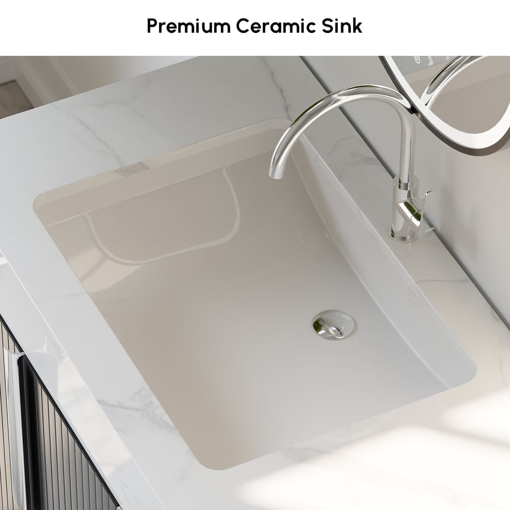 Aro 59" Black Double Sink Freestanding Bathroom Vanity Drawers & Doors Faux Marble Top window image