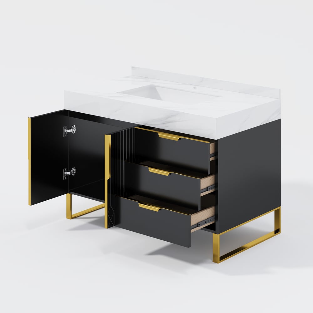 Aro 35" Black Freestanding Single Sink Bathroom Vanity Drawers Doors Faux Marble Top window image