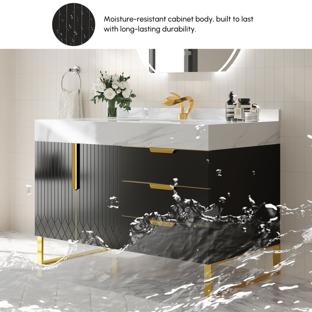 Aro 35" Black Freestanding Single Sink Bathroom Vanity Drawers Doors Faux Marble Top window image