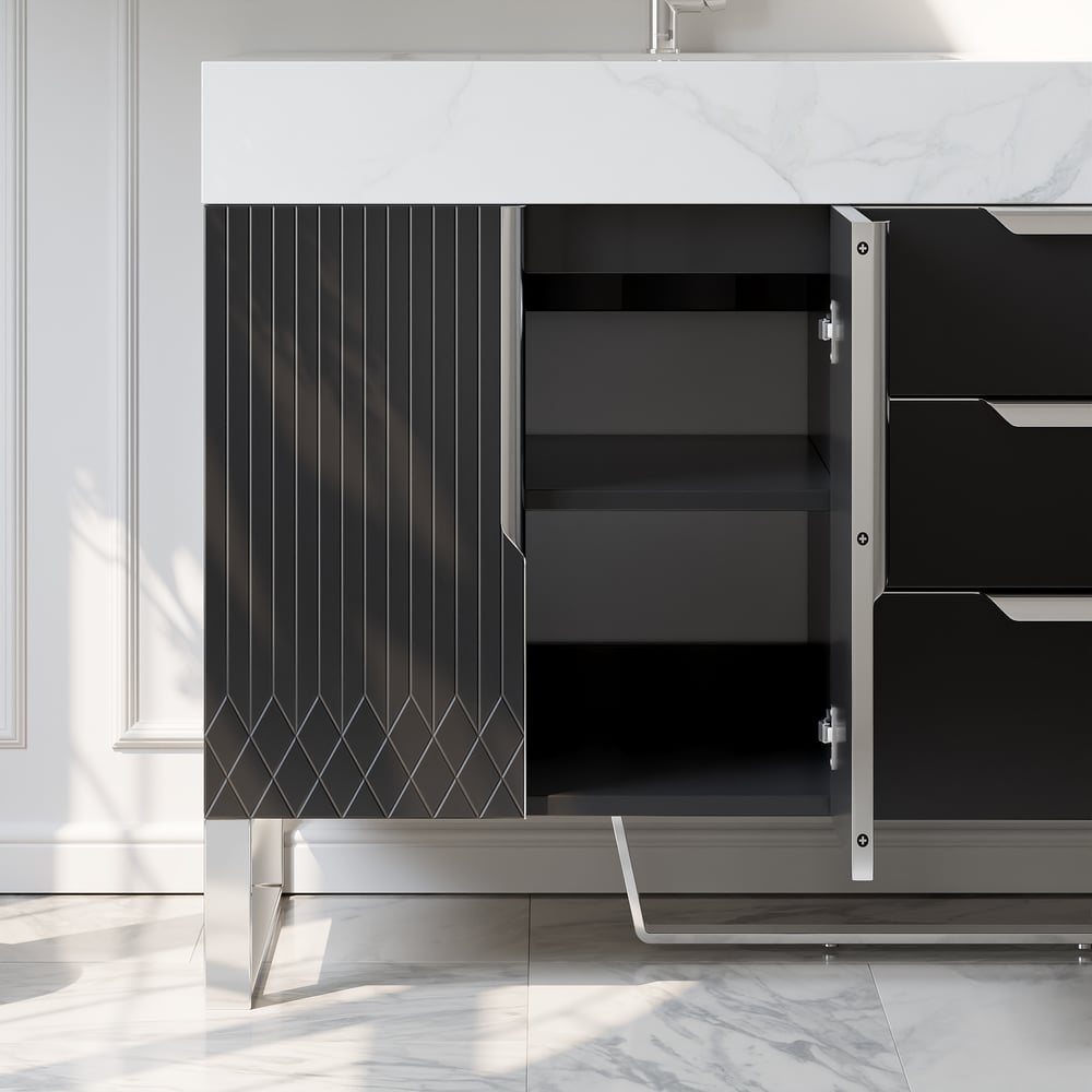 Aro 59" Black Double Sink Freestanding Bathroom Vanity Drawers & Doors Faux Marble Top window image