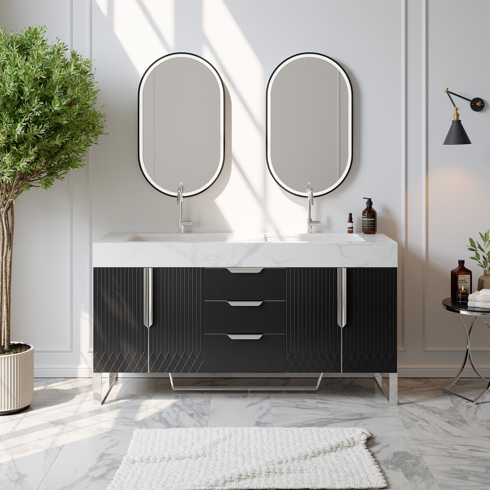 Aro 59" Black Double Sink Freestanding Bathroom Vanity Drawers & Doors Faux Marble Top window image