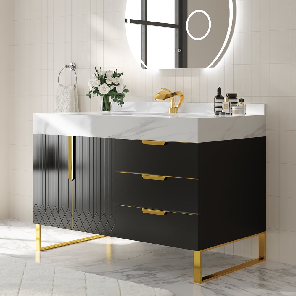 Aro 35" Black Freestanding Single Sink Bathroom Vanity Drawers Doors Faux Marble Top window image