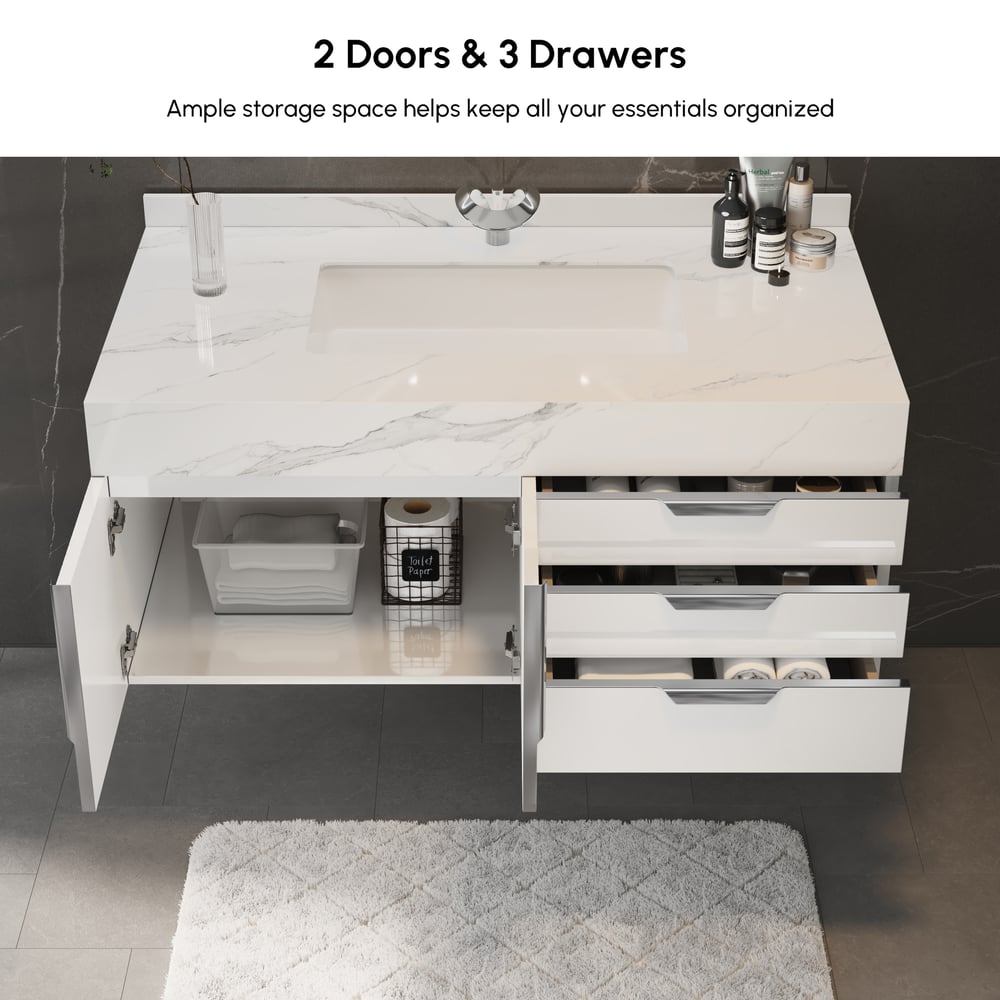 Set di mobili da bagno serie Aro 900 mm Mobile da bagno galleggiante in pietra bianca con lavandino Immagine della finestra