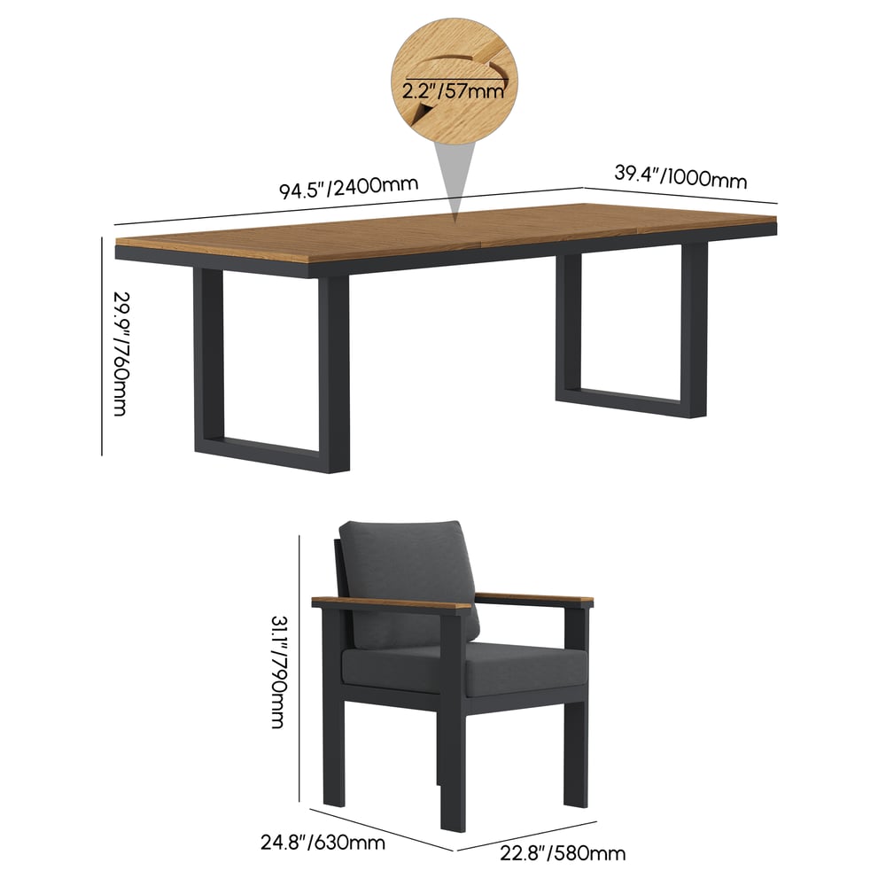 Tavolo da pranzo rettangolare per 6 persone in legno e alluminio per esterni, 8 sedie da pranzo Immagine con pesi e dimensioni