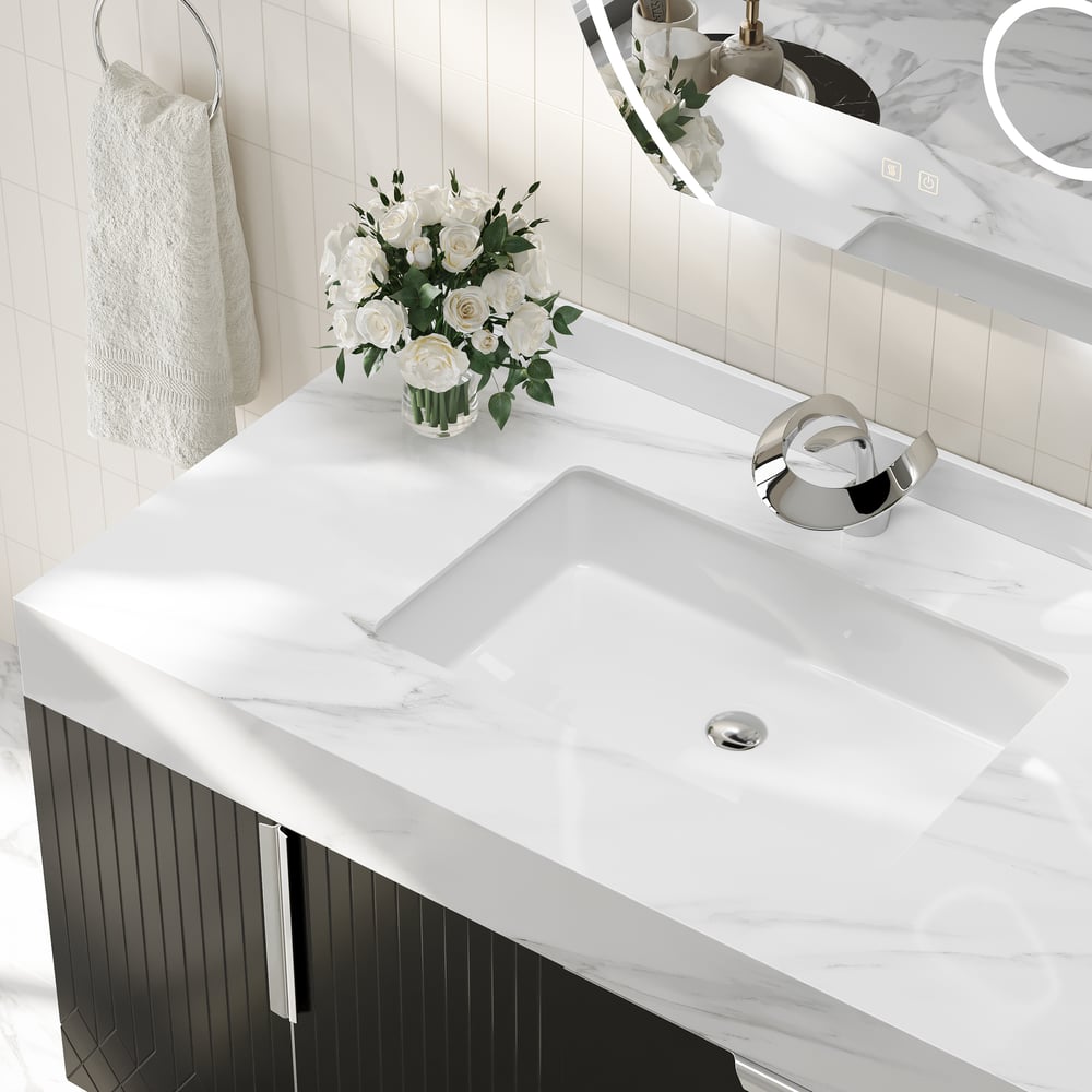 Aro 900mm Czarna wolnostojąca ceramiczna umywalka łazienkowa Szuflady łazienkowe ze sztucznego marmuru obraz okna