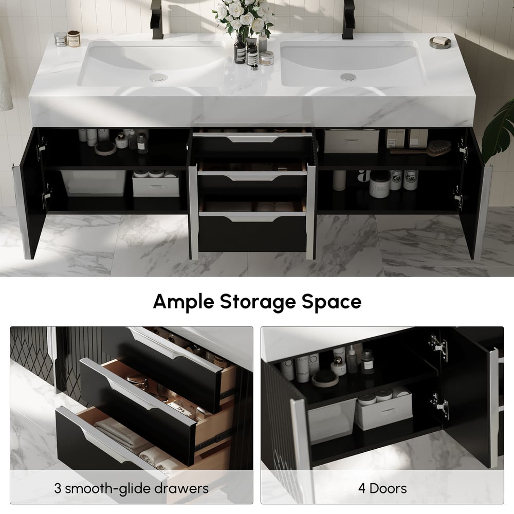 Aro Series Bathroom Vanity Set 59" Floating Faux Marble Bathroom Vanity Black with Sink window image