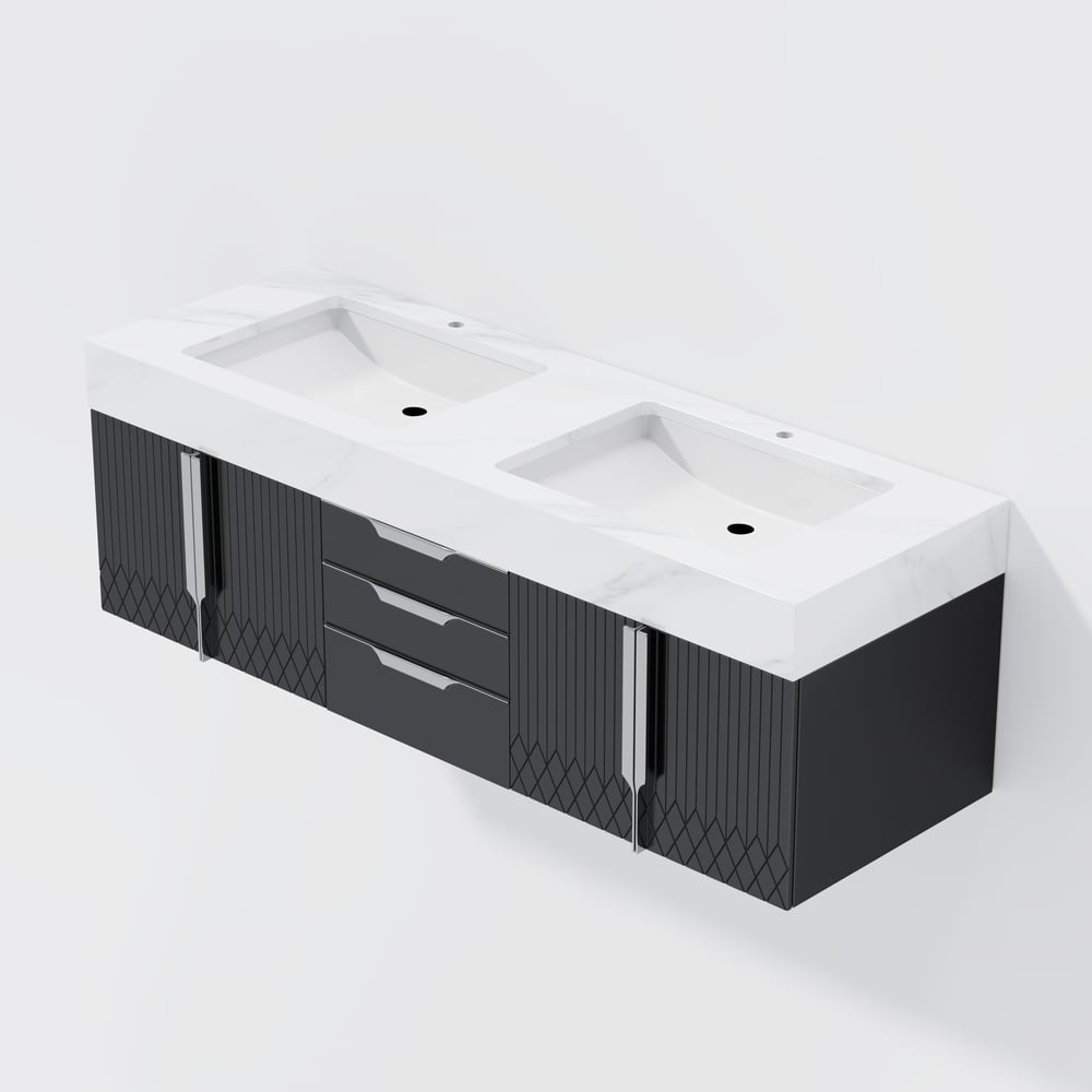 Aro Series Bathroom Vanity Set 59" Floating Faux Marble Bathroom Vanity Black with Sink window image