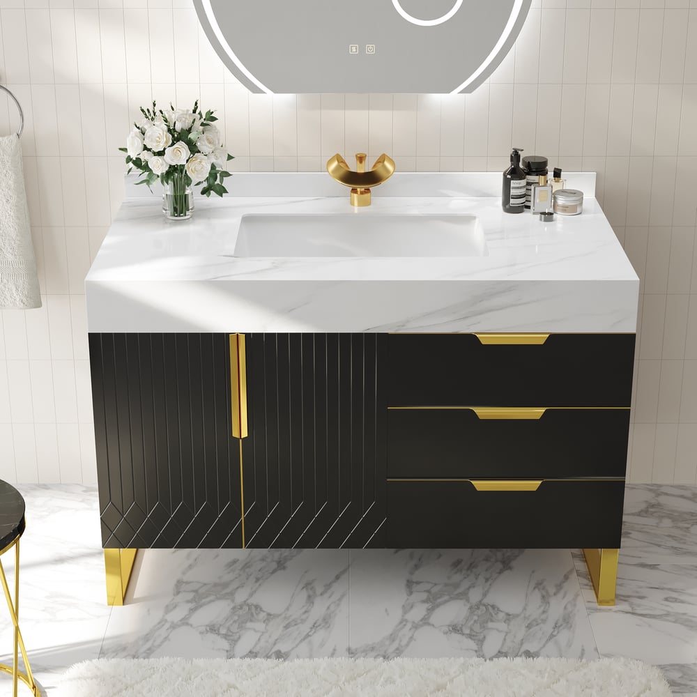 Aro 35" Black Freestanding Single Sink Bathroom Vanity Drawers Doors Faux Marble Top window image