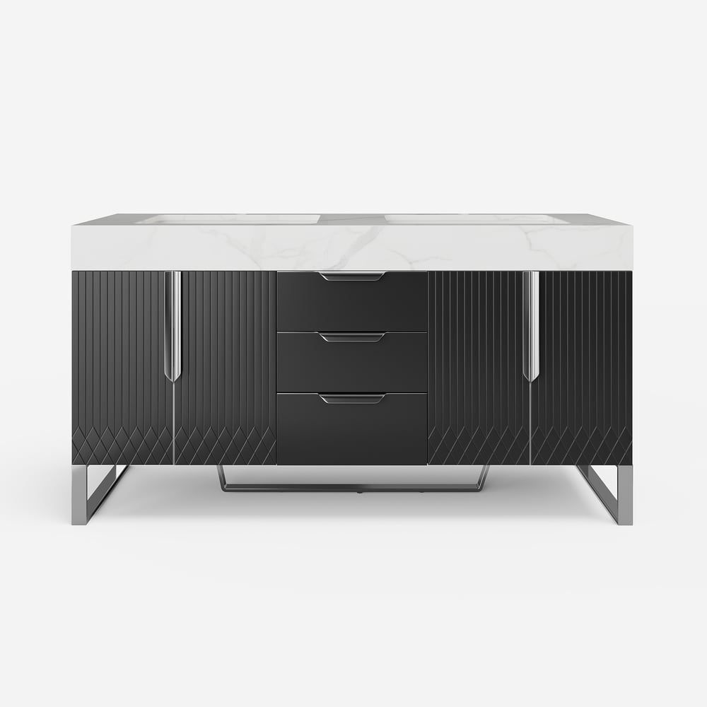 Aro 59" Black Double Sink Freestanding Bathroom Vanity Drawers & Doors Faux Marble Top window image