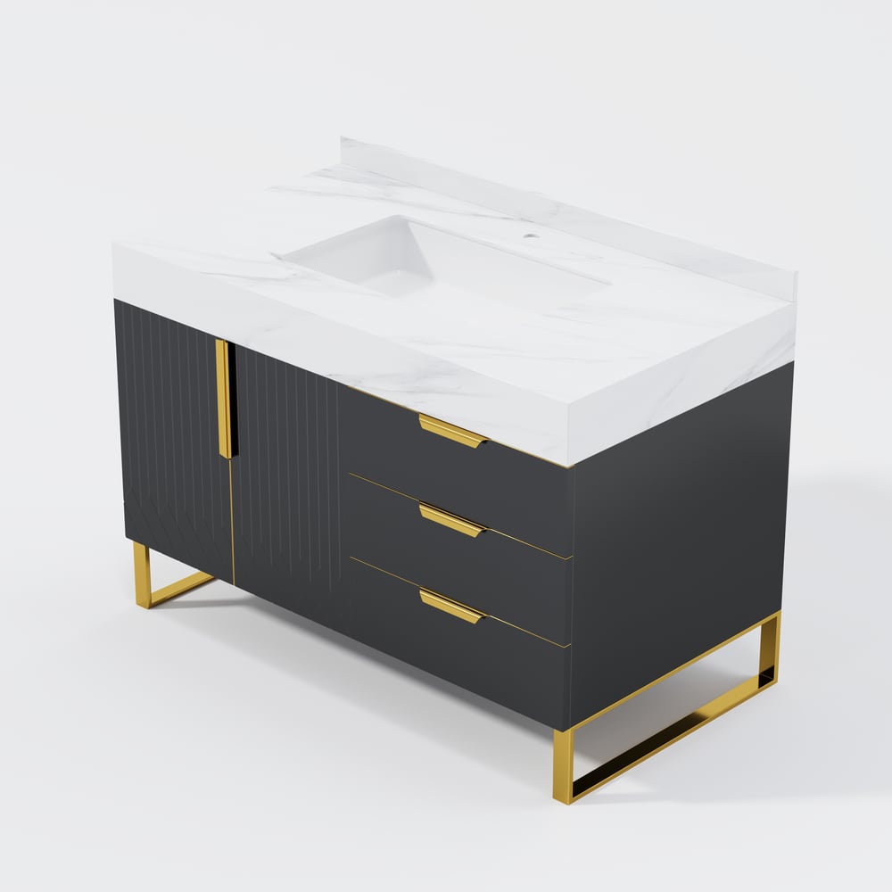 Aro 35" Black Freestanding Single Sink Bathroom Vanity Drawers Doors Faux Marble Top window image