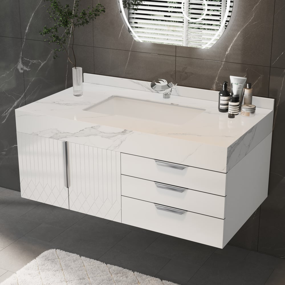 Set di mobili da bagno serie Aro 900 mm Mobile da bagno galleggiante in pietra bianca con lavandino Immagine della finestra