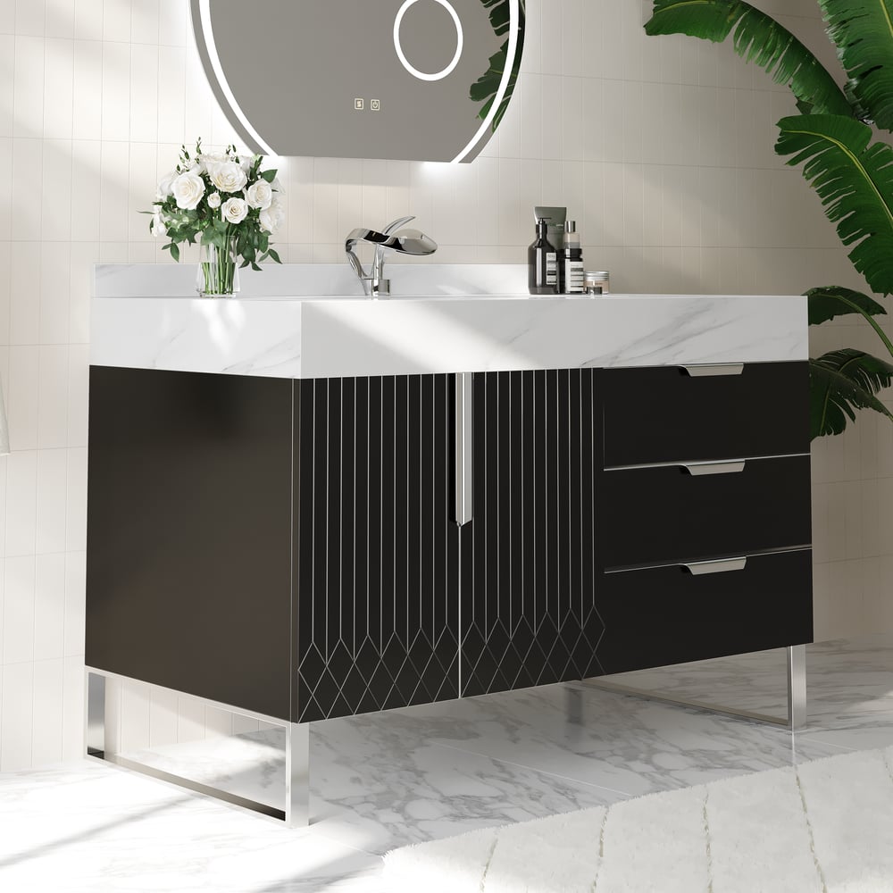 Aro 900mm Czarna wolnostojąca ceramiczna umywalka łazienkowa Szuflady łazienkowe ze sztucznego marmuru obraz okna