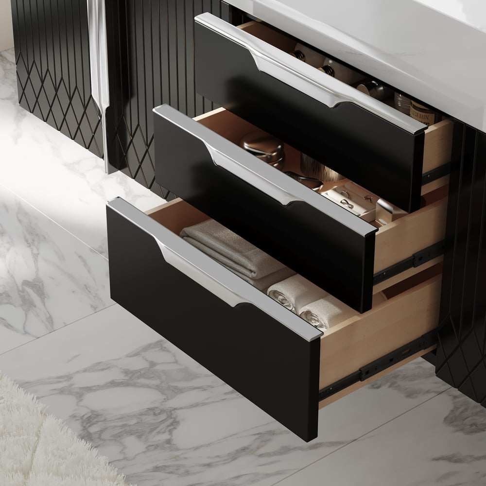 Aro Series Bathroom Vanity Set 59" Floating Faux Marble Bathroom Vanity Black with Sink window image