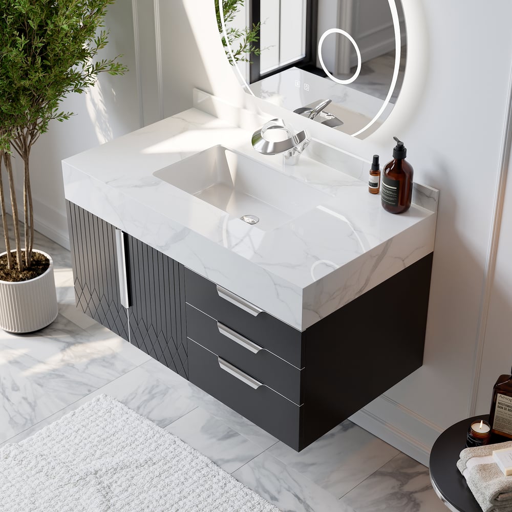 Gavetas de banheiro Aro 900 mm pretas montadas na parede com tampo de mármore sintético Imagem da janela