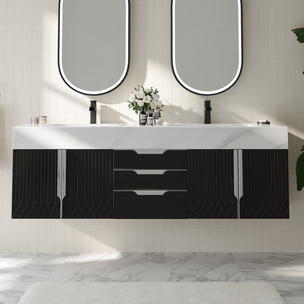Aro Series Bathroom Vanity Set 59" Floating Faux Marble Bathroom Vanity Black with Sink window image
