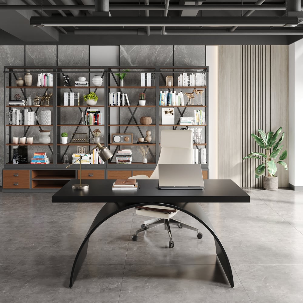 Scrivania da ufficio rettangolare in legno nero industriale con base in metallo (1600 mm) Immagine della finestra