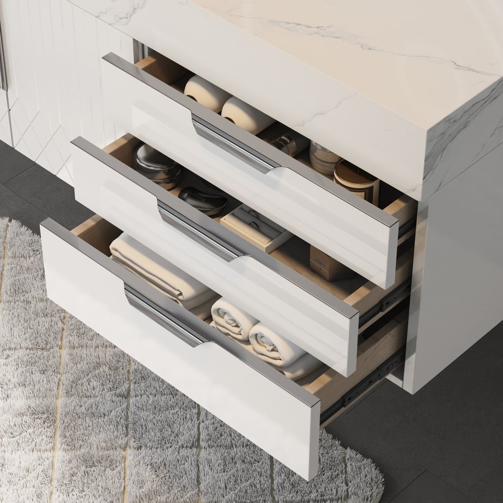 Set di mobili da bagno serie Aro 900 mm Mobile da bagno galleggiante in pietra bianca con lavandino Immagine della finestra