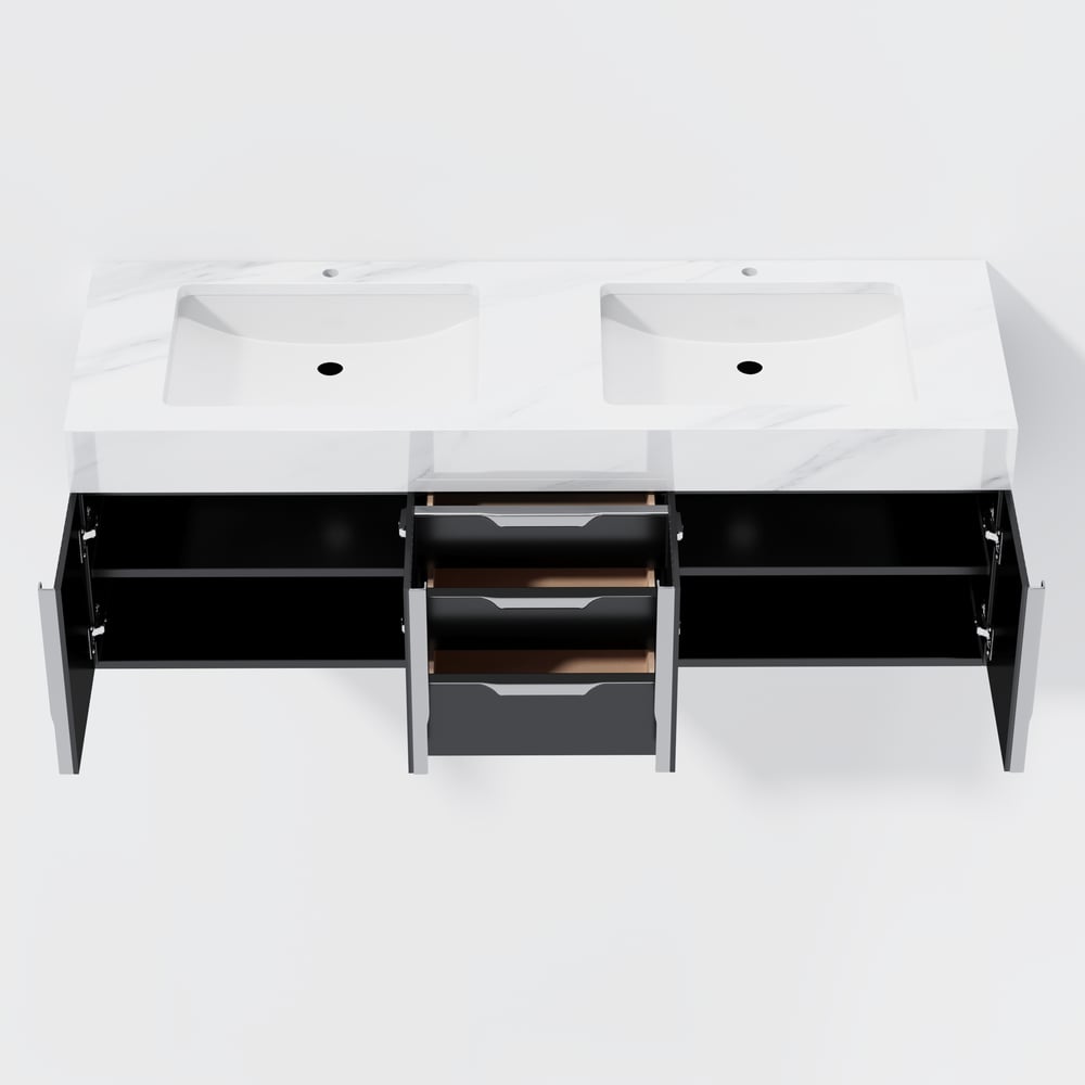 Aro Series Bathroom Vanity Set 59" Floating Faux Marble Bathroom Vanity Black with Sink window image