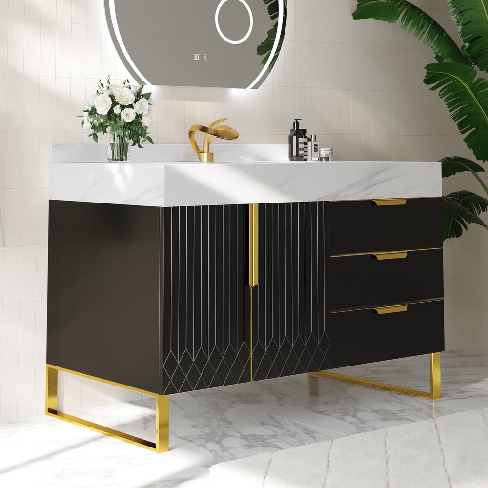 Aro 35" Black Freestanding Single Sink Bathroom Vanity Drawers Doors Faux Marble Top window image